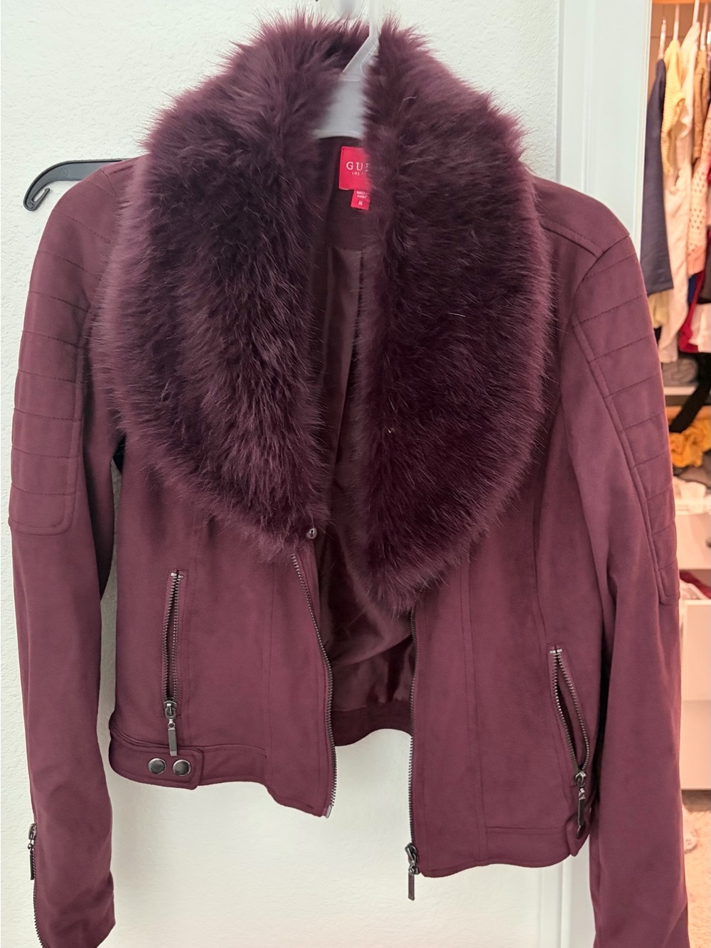 GUESS Faux-Fur Removable Collar Jacket in Purple Like New